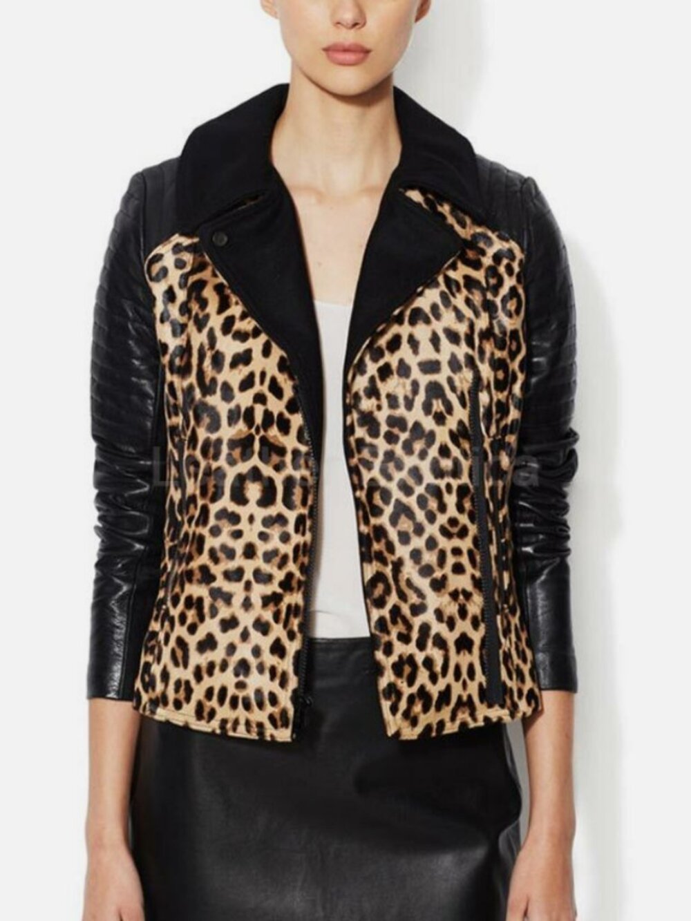 A.L.C. Leather and Calf Hair Moto Jacket with Leopard Print NWT Sz.6
